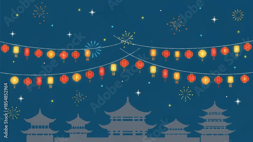 A festive nighttime scene with lanterns and pagodas under a starry sky