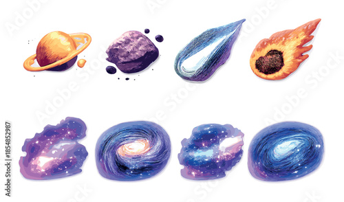 Galactic elements: planets, asteroids, comets, and nebulae in vivid cosmic artwork