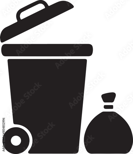 Black silhouette of an open trash can with a trash bag beside it garbage bin waste bin