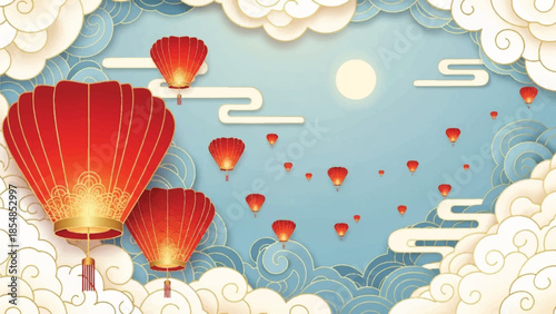 Vibrant Lanterns Illuminating Cloudy Sky with Celestial Bodies