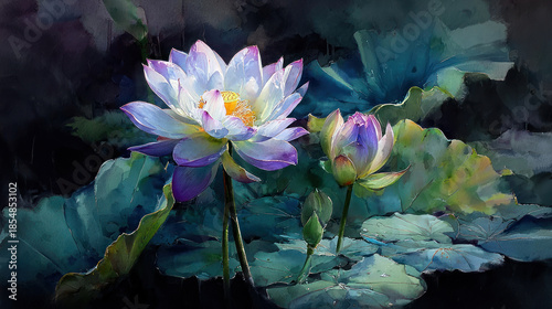 An artistic illustration of blooming lotuses on a dark surface of water.  