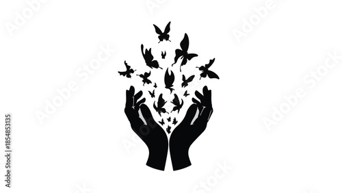 Open hands releasing a swarm of butterflies into the air, symbolizing freedom and new beginnings.