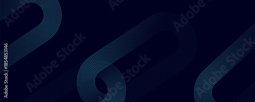 Dark blue abstract background with glowing geometric lines. Modern shiny blue diagonal rounded lines pattern.
