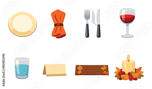 Festive table setting elements: plates, cutlery, glasses, candle, napkin