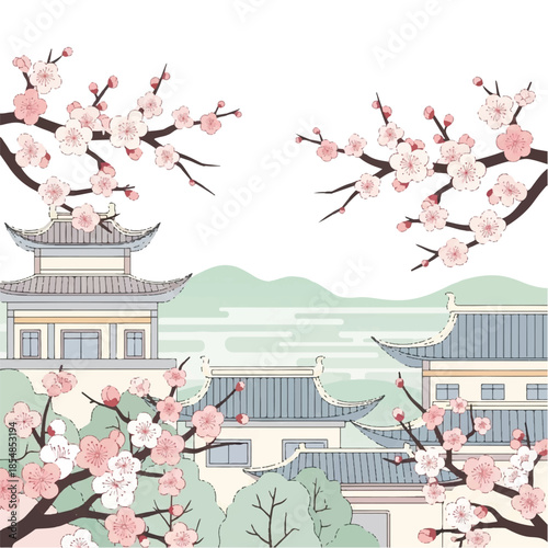 A serene temple surrounded by blossoming trees in a peaceful landscape viewed from a distance