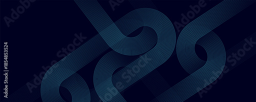 Dark blue abstract background with glowing geometric lines. Modern shiny blue diagonal rounded lines pattern.