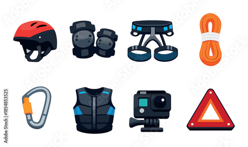 Essential outdoor adventure gear: helmet, harness, rope, camera, safety vest, carabiner, knee pads, triangle