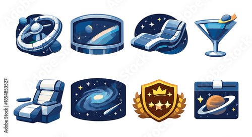 Space-themed icon set featuring planets and futuristic elements