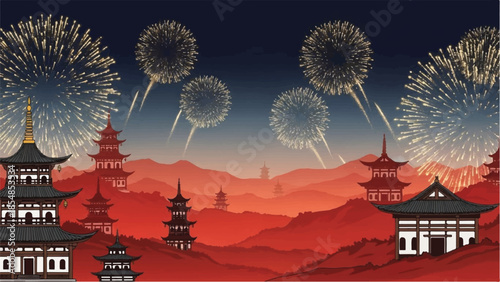 Vibrant fireworks illuminate ancient temples and mountains during a festive celebration at dusk from a panoramic viewpoint.