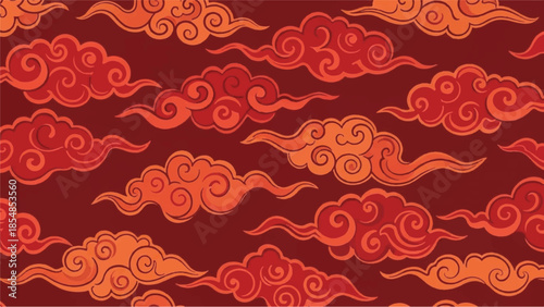 Vibrant clouds illustration on a red background with swirling patterns