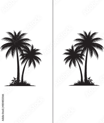 Silhouette palm trees with tropical plants and grass on background
