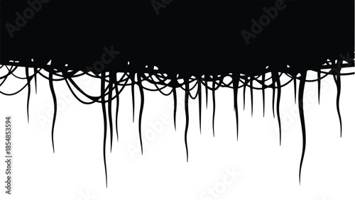 Dark, tangled roots or vines hanging down, creating a mysterious, organic border.