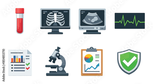 Medical equipment set: microscope, x-ray, ultrasound, ecg, lab test, data charts