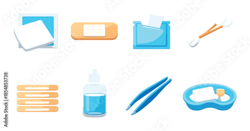 Set of medical supplies including bandages, cotton swabs, and tweezers