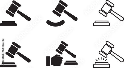 Justice hammer icons set of judge gavel symbols for law and auction