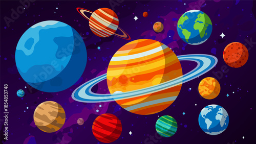 Vibrant vector illustration of planets orbiting in outer space scene