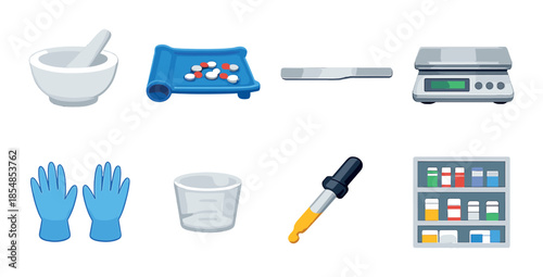 Pharmacy tools and equipment: bowls, pills, gloves, beaker, pipette, weighing scale