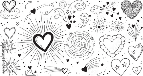 Doodle heart collection with hand drawn romantic decorative elements