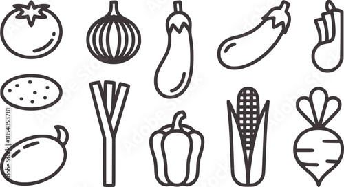 Collection of ten minimalist black and white vegetable outline in line style