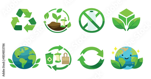 Eco-friendly icons: recycling, green earth, and sustainability symbols