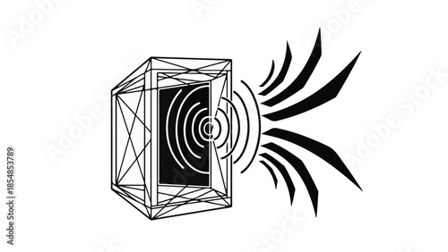 Abstract graphic representing sound waves emanating from a stylized speaker