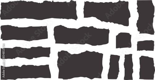 Collection of irregular black torn paper strips white