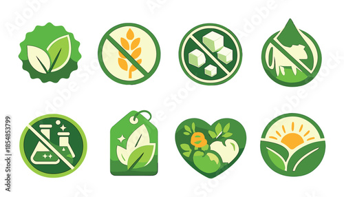 Set of green eco-friendly and organic food symbols highlighting natural ingredients