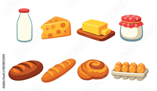 Cartoon dairy and bakery items: milk, cheese, butter, jam, bread, baguette, pastry, eggs