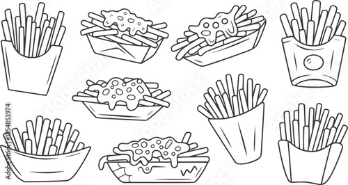 Playful collection of loaded french fries in paper containers line