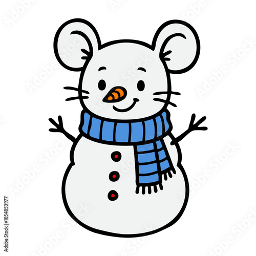 Logo snowman. Dibujo sencillo con líneas de ratón como muñeco de nieve con bufanda y nariz de zanahoria para tarjetas y felicitaciones de Navidad	