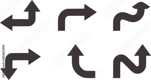 Six black curved directional arrows set in flat