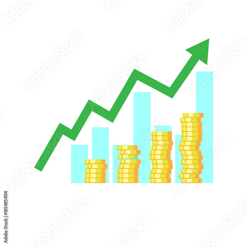 Business chart growth in flat style design. Increasing graph investment. Stacks of golden coins and arrow up isolated on white background.