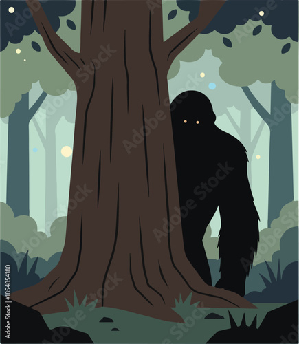 Silhouette of a Mysterious Creature Hiding Behind a Tree.