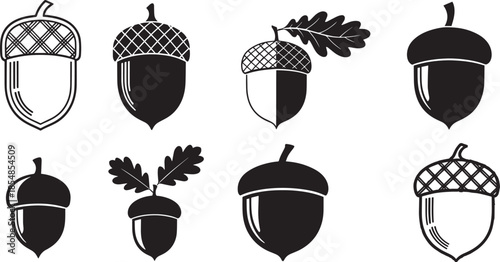 Collection of different acorn symbols isolated on transparent background