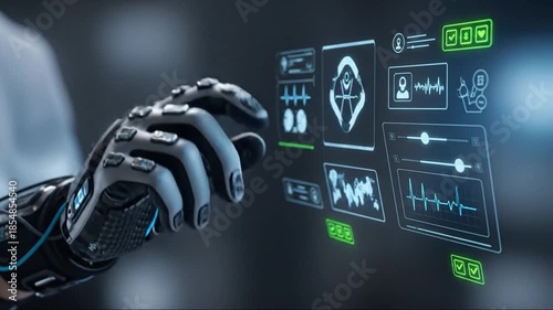 Futuristic robotic hand interacting with a glowing holographic interface displaying data