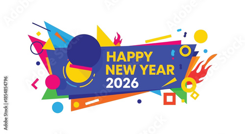 A colorful and dynamic graphic design announces a happy new year 2026 with festive elements