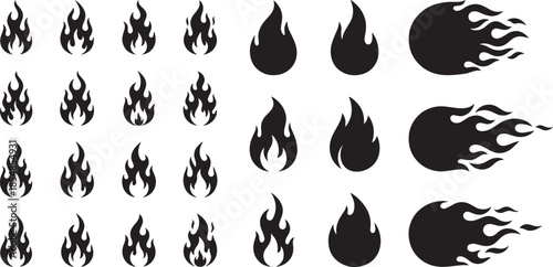 Collection of fire flames and burning embers on transparent background