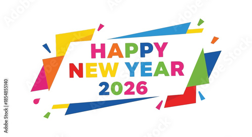 A vibrant graphic design featuring happy new year 2026 text with colorful confetti elements