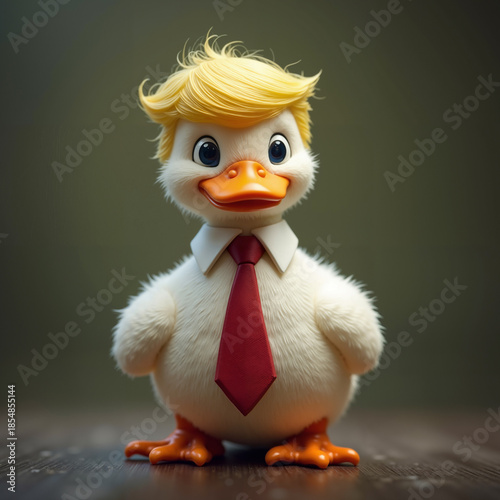 Anthropomorphic duck character features bright yellow hair styled in a distinctive manner and a formal red necktie, blending playful animal imagery with business attire for comedic effect