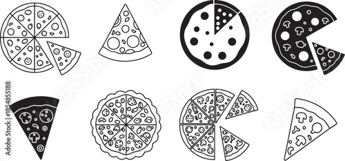 Pizza slice and whole round italian food symbols set icons design