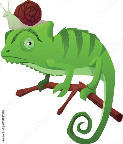 Cute green chameleon on tree branch, snail with spiral shell on head, exotic guana and cochlea pets, terrarium animal