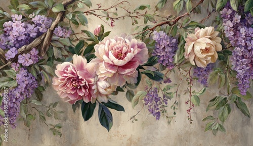 A pastel-hued floral painting, displaying blooms in varying stages of open. The arrangement drapes across a textured, neutral background