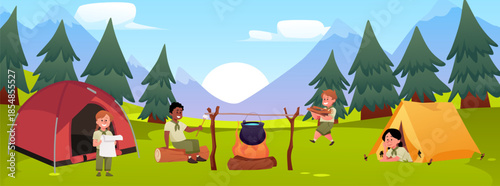 Scout children camp on the river bank, scouts resting near the camping tent and campfire, summer activities, explore