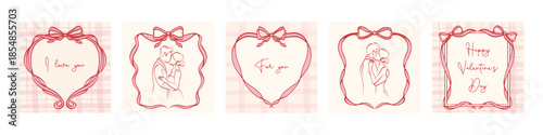 Valentines day greeting cards in coquette. Newlyweds, couple, whimsical lines, bows. Vector illustration.