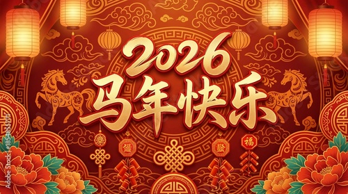Year of the Horse 2026 Chinese New Year Greeting with Chinese Characters  马年快乐