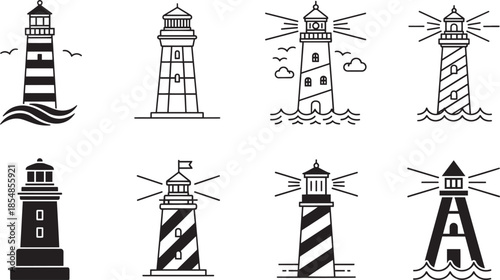 Set of black line art and silhouette lighthouse icons on transparent background