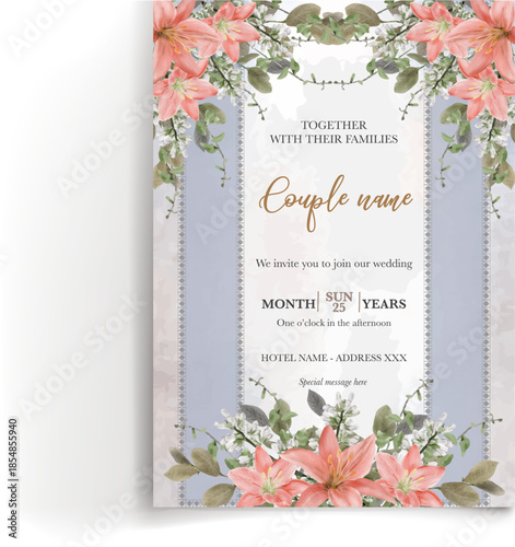 WEDDING INVITATION FRAME WITH FLOWER DECORATIONS AND FRESH LEAVES