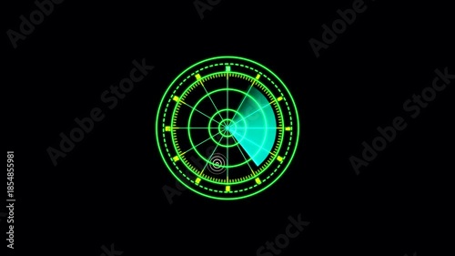 Futuristic circle radar targeting searching with concentric rings and directional markings in vibrant green sci fi visuals and HUD design elements background.