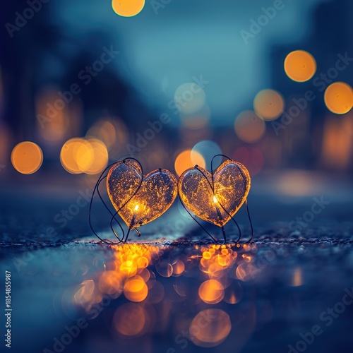 Two Sparkling Heart Ornaments on Dark Surface