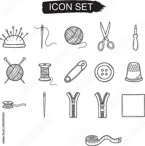 Sewing and knitting supplies icon set for crafts